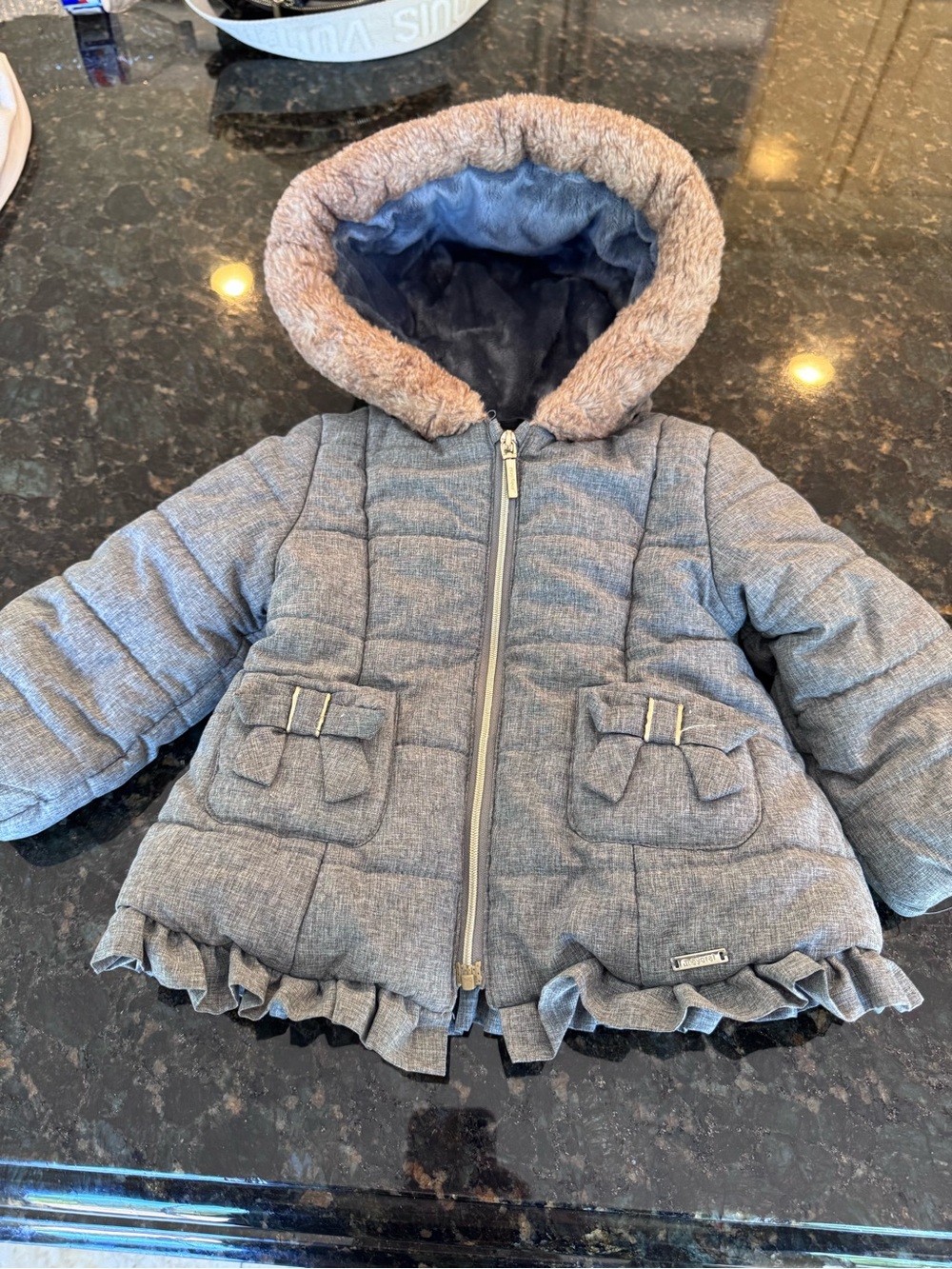 Mayoral Gray Quilted Hooded Puffer Jacket with Faux-Fur Trim